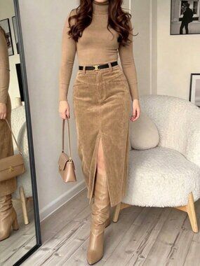 Khaki Elegant Women's Corduroy High Waist Front Slit Skirt